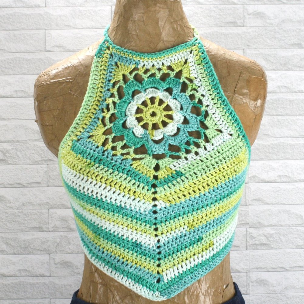 HAND CRAFTED Crop Top Crochet Halter Bikini Colorful Cotton Mermaidcore Aqua